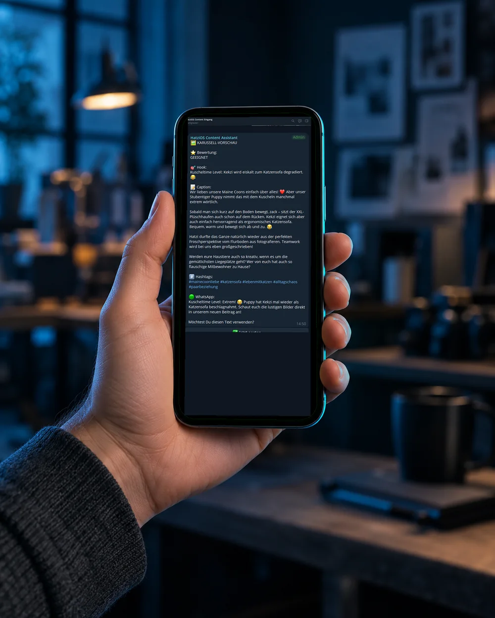 Handy mit der Telegram-Gruppe, in der die Beiträge freigegeben werden